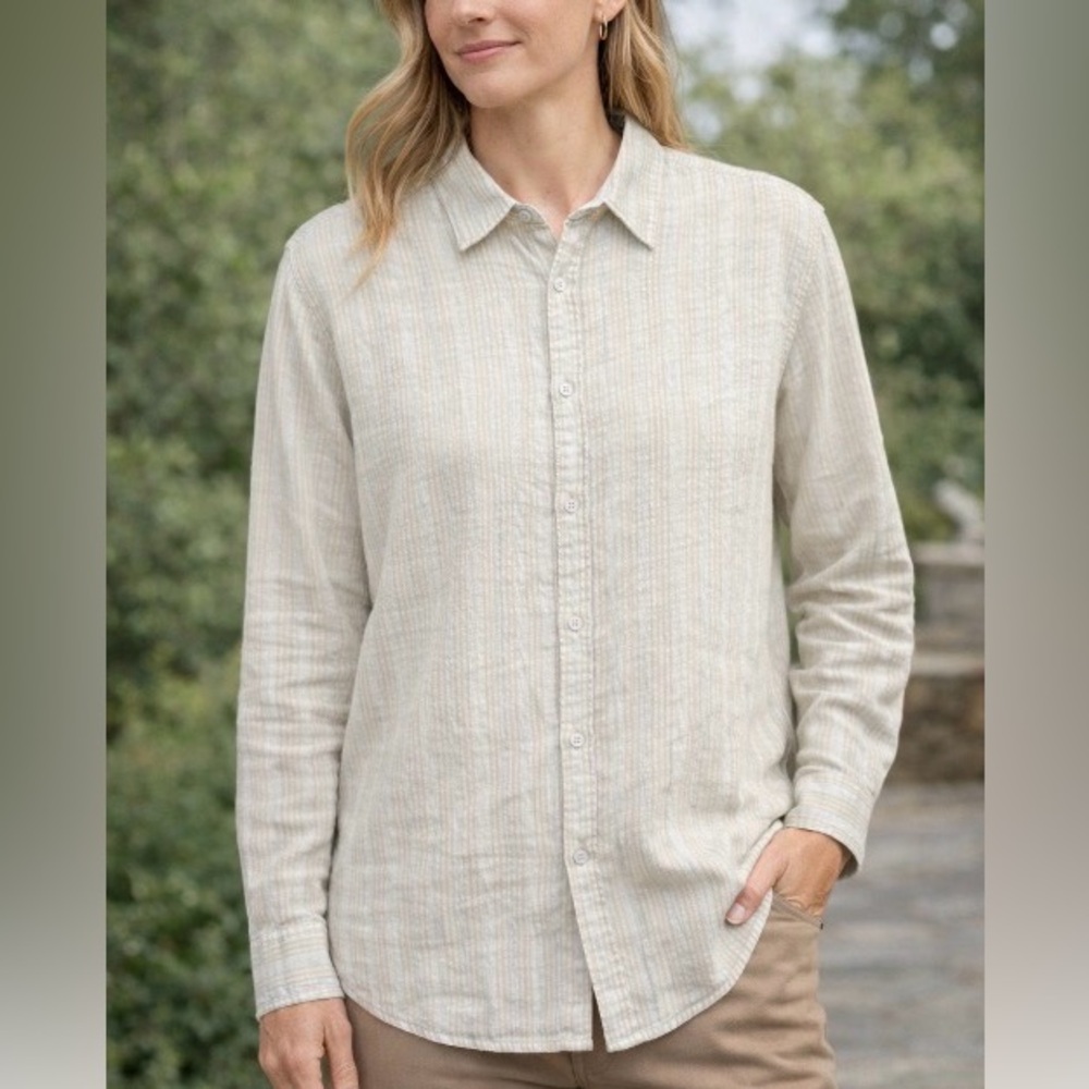 Orvis Womens Linen Blend Oversized Grandmother Button Up Shirt Roll Sleeve Sz L